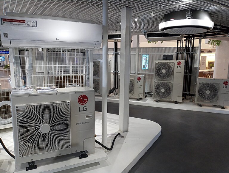There are several outdoor and indoor units on display inside