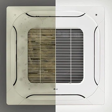 The LG ceiling-mounted cassette displayed centrally reveals a stark contrast. Its left half is covered in dust, while the right half remains clean.