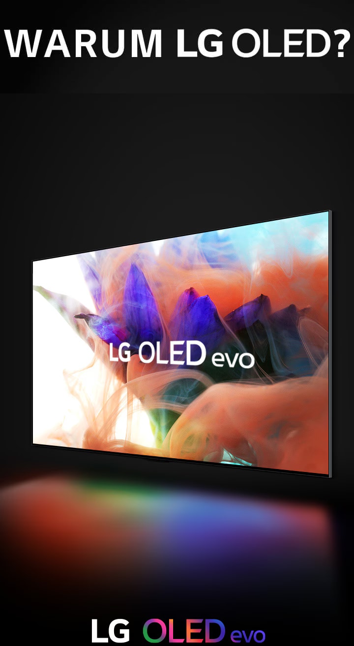Der LG OLED evo TV taucht aus dem Schatten auf und füllt den Bildschirm mit einem lebendigen und abstrakten Blumenbild, das mit dem Text ?This is the OLED evo difference“ (Darum macht OLED evo den Unterschied) überlagert wird. This is the OLED evo difference