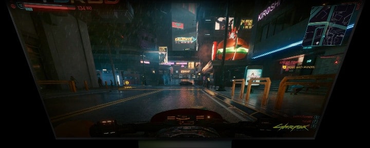 Ein LG OLED-Fernseher zeigt eine Cyberpunk-Spielszene, darunter erscheint ein neonfarbenes WLAN-Symbol