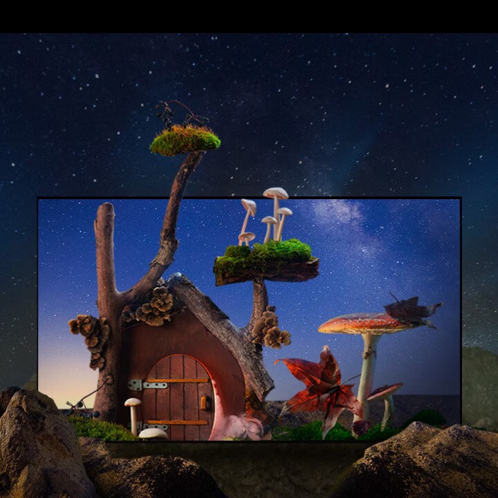Ein kleines Haus im Fantasy-Stil mit B?umen, Pilzen und gro?en Felsen steht unter dem sternenklaren Nachthimmel