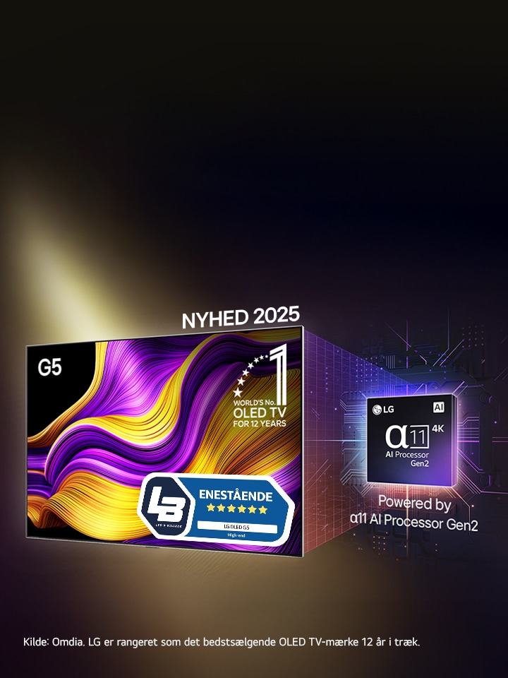 Billede af OLED evo-TV med L&B-logo og teksten "enest?ende" samt fem guldfarvede stjerner nedenunder. I et hj?rne af TV'et st?r der "Verdens nr. 1 OLED-TV i 12 ?r". Ved siden af TV'et er der en chip med teksten "A11", og nedenunder st?r der "drevet af A11 AI-processor Gen2".