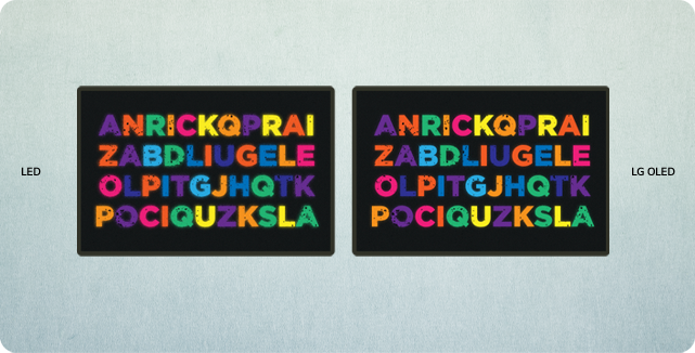 An LED and OLED television appear side by side. Colorful letters are shown on the screen then arrange themselves to create blue text with the words 'BLUE LIGHT.' On the LED, the blue light glares, yet on OLED, it is muted.