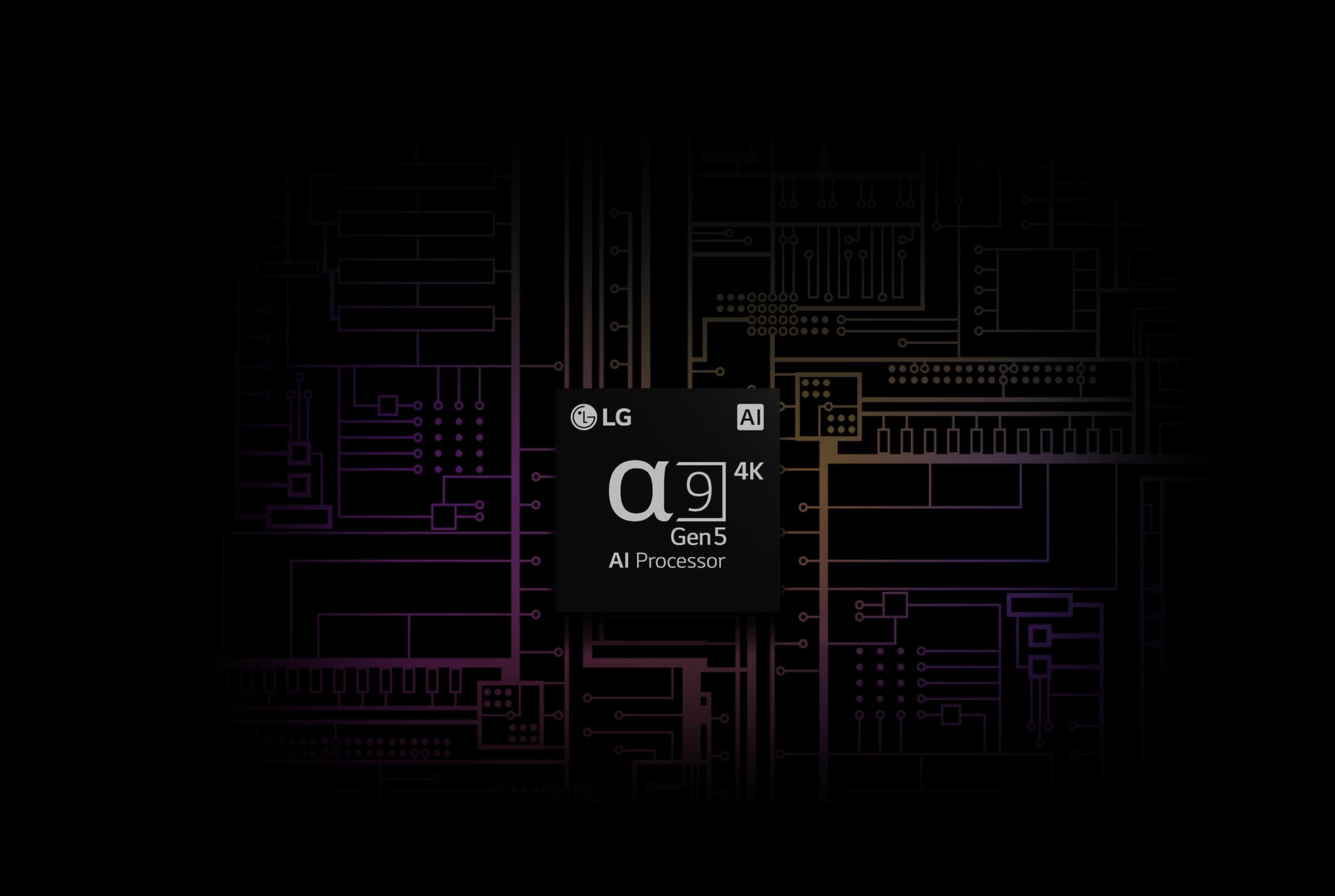 Una imagen del procesador 4K a9 Gen 5 con IA sobre un fondo negro con algunas tonalidade moradas y naranjas.
  