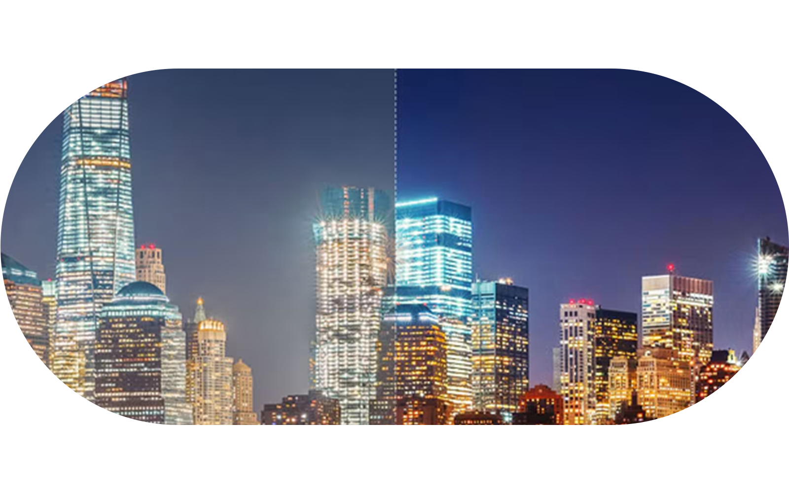 Nachtelijke skyline van de stad te zien op LG TV met AI Picture Pro en AI Picture Wizard, waarmee inhoud wordt opgeschaald voor fijnere details