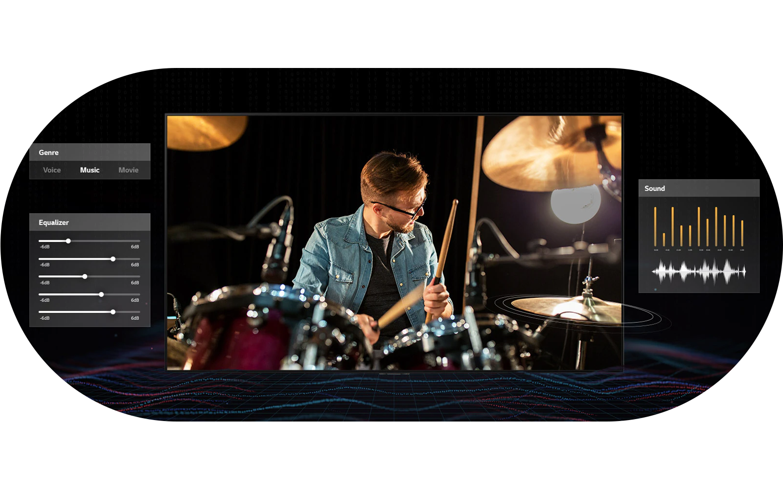 Mannelijke drummer geprojecteerd op LG QNED AI Smart 4K TV met AI Sound Pro, mixt audio en remastert het geluid