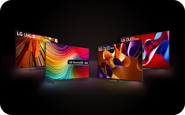 Quatre téléviseurs intelligents LG de différentes couleurs : les modèles OLED evo TV, OLED TV, LG UHD AI et LG NANOCELL AI TV sont affichés ensemble.