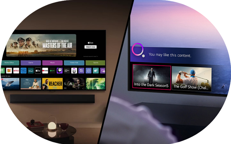 Deux images d'un téléviseur LG affichant diverses applications, mettant en évidence les fonctionnalités du programme LG webOS Re:New.