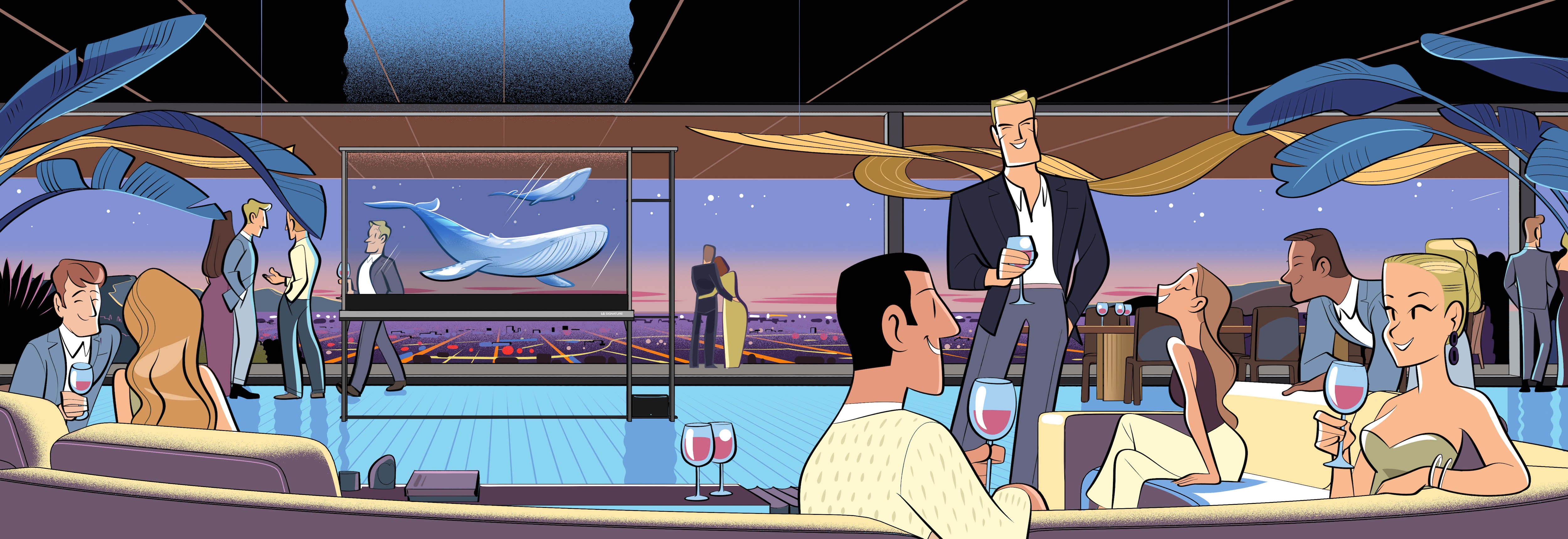 A painting of people chatting at a party with a view of the city's nightscape.