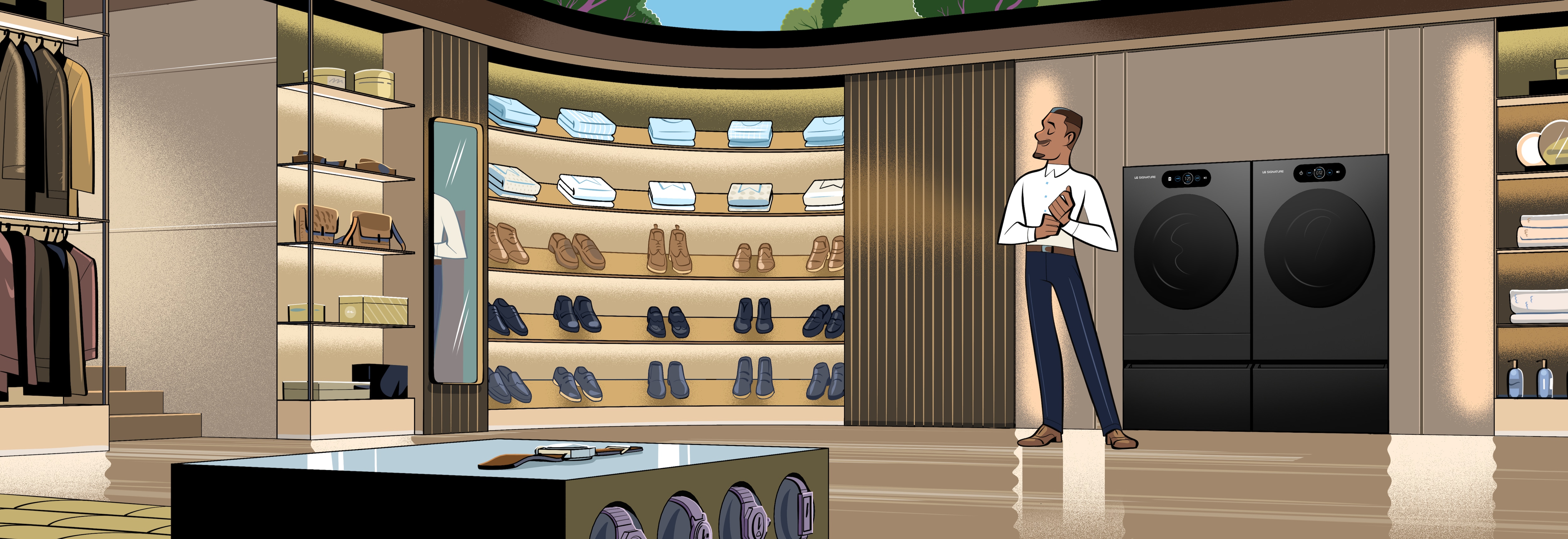 A drawing of a man putting on a watch in a dressing room, with an LG washing machine visible in the background.