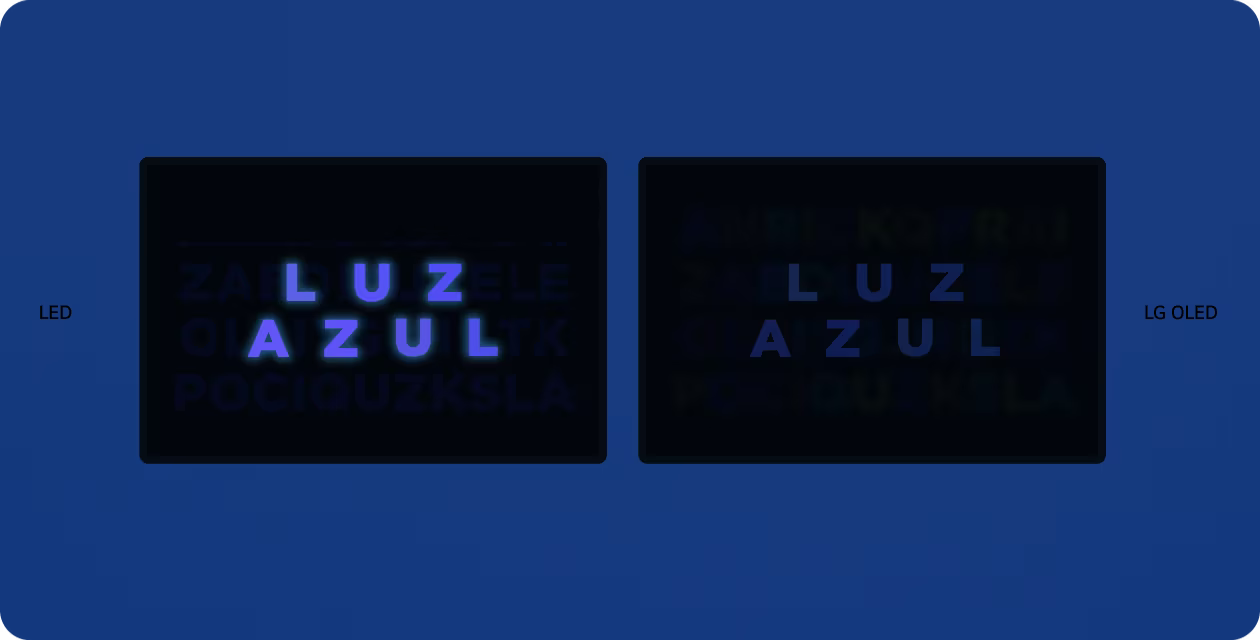 An LED and OLED television appear side by side. Colorful letters are shown on the screen then arrange themselves to create blue text with the words 'BLUE LIGHT.' On the LED, the blue light glares, yet on OLED, it is muted.