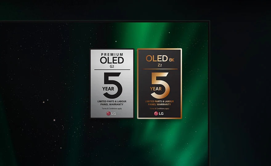 Garantilogotyperna f?r Z2 och G2 visas p? OLED-TV-sk?rmen