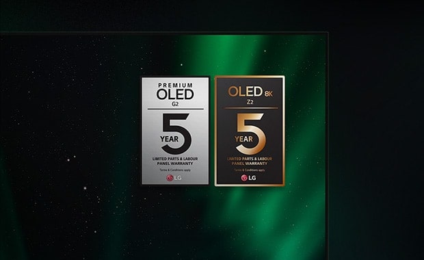 Garantilogotyperna f?r Z2 och G2 visas p? OLED-TV-sk?rmen