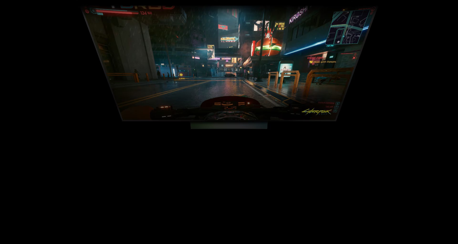 En LG OLED-TV visar en cyberpunk-spelscen, och en Wi-Fi-symbol i neon visas undertill