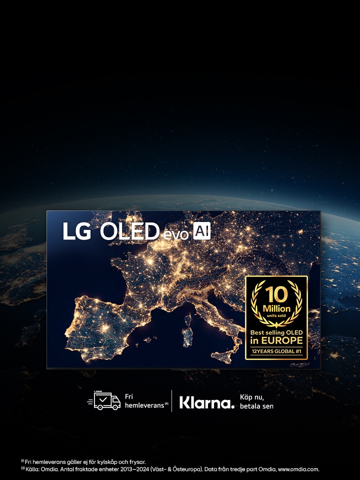 N?rbildsfoto av Europa p? natten fr?n rymden, alla stadsljus ?r t?nda, rubrik: LG OLED