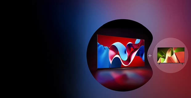 Bild av tv? LG-TV-apparater, var och en inuti en cirkel – en st?rre (C4 TV) ?n den andra. (B4 TV)