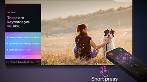 LG AI Magic Remote i bruk. Ett kort tryck p? AI-knappen aktiverar AI-assistenten p? OLED TV-sk?rmen, som sedan f?resl?r nyckelord.