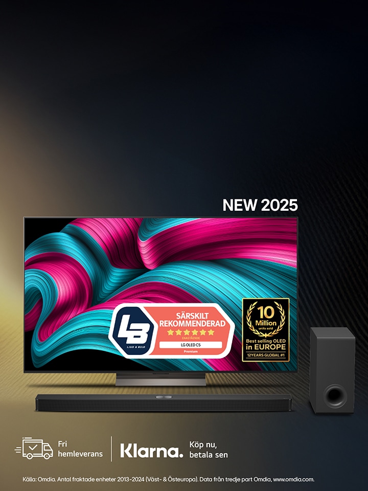 OLED-TV med soundbar och subwoofer mot svart och brun bakgrund.