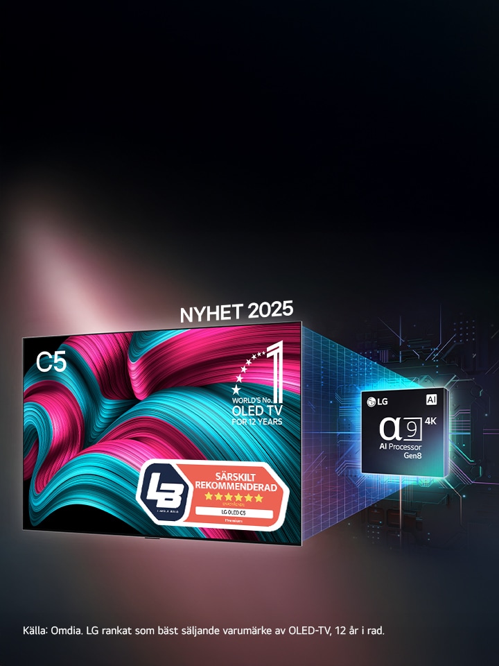 Bild p? LG OLED C5 TV mot m?rkgr? bakgrund, mikrochip bredvid som framh?ver att det ?r a9 AI-processor Gen8, rubrik LG OLED evo AI "...en redan mycket bra TV har blivit ?nnu b?ttre" med en k?p nu-knapp.