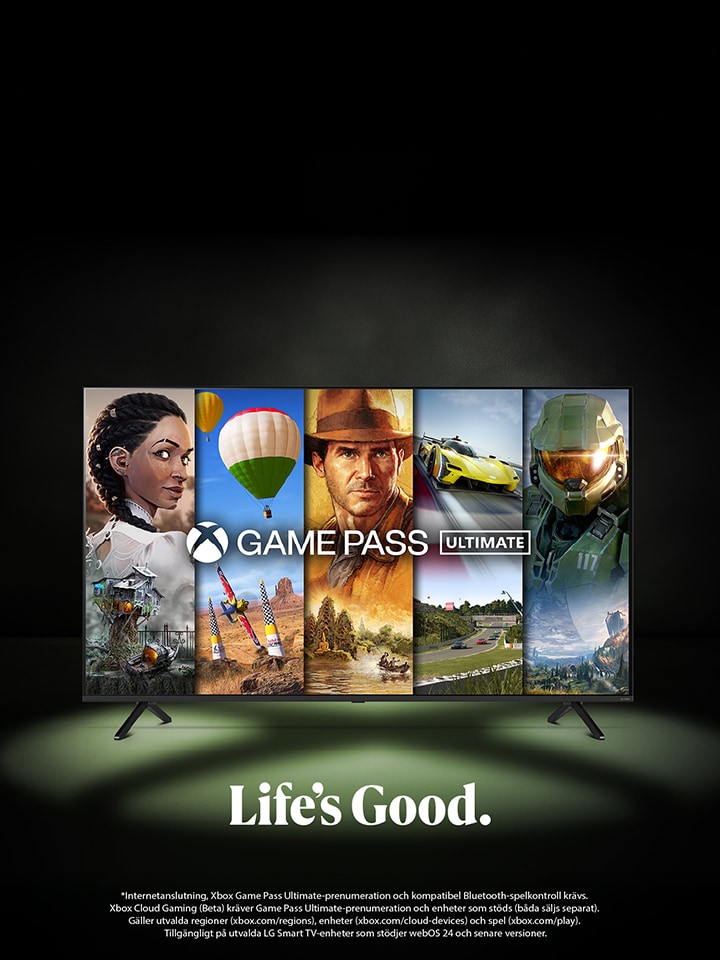 Bild av en TV med svart bakgrund d?r sk?rmen visar karakt?rer fr?n onlinespel; erbjudandet s?ger: spela hundratals Xbox-spel med Xbox Game Pass.