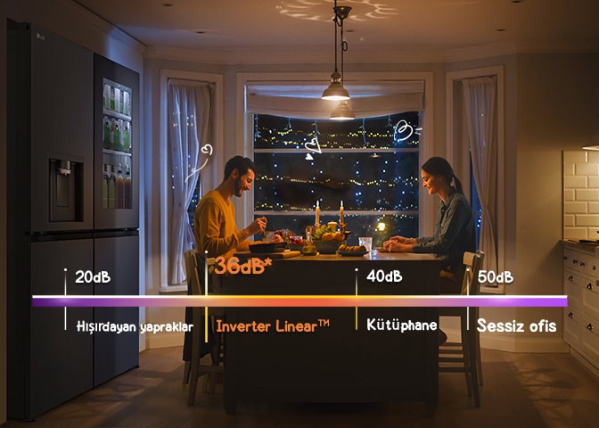 Bu resimde, bir ?ift sessizce ?al??an buzdolab?n?n ?nünde keyifle yemek yiyor.