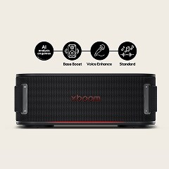 The top of the front image of the LG xboom introduces the "AI analysis on genres" feature. It supports Base Boost, Voice Enhance, and Standard.