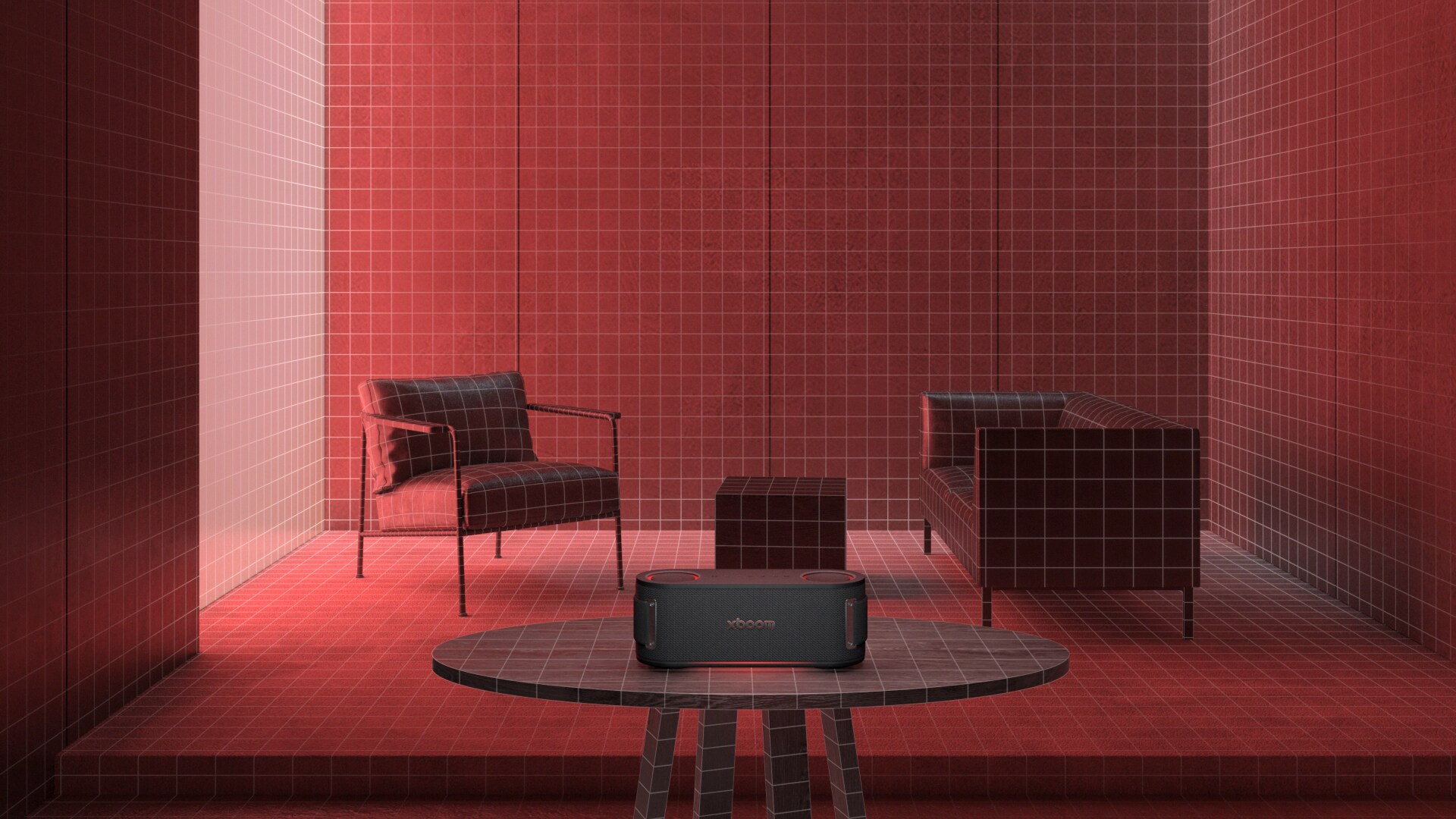 Furniture is placed in a space illuminated by red lighting, with an Xboom on the table in the center, scanning the surrounding space.