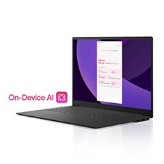 LG gram mit einem vergr??erten Bildschirm, auf dem die Funktion ?On-Device AI“ angezeigt wird.