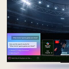 Pantalla del televisor LG OLED que muestra cómo funciona AI Search. Se abre una peque?a ventana de chat que muestra cómo el usuario solicitó qué juegos deportivos están disponibles. La búsqueda de IA respondió a través del chat y mostrando miniaturas de diferentes contenidos disponibles. También hay un mensaje para preguntar a Microsoft Copilot.