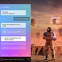 Se está reproduciendo contenido de ciencia ficción en la pantalla de un televisor LG OLED. En el lado izquierdo de la pantalla se encuentra la interfaz de AI Chatbot. El usuario le envía un mensaje al chatbot de que la pantalla está demasiado oscura y el chatbot ofrece soluciones a la solicitud.