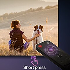 El LG AI Magic Remote en uso. Al presionar brevemente el botón AI, se activa el Asistente de IA en la pantalla del televisor OLED.