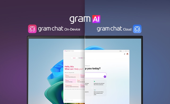 Ein Bild mit geteiltem Bildschirm, das ?gram AI“ mit zwei verschiedenen Modi zeigt: ?gram chat On-Device“ auf der linken Seite, dargestellt durch ein pinkfarbenes Symbol, und ?gram chat Cloud“ auf der rechten Seite, dargestellt durch ein blaues Symbol. Auf dem Bildschirm wird eine KI-Schnittstelle angezeigt, die eine nahtlose KI-Funktionalit?t in beiden Modi symbolisiert.