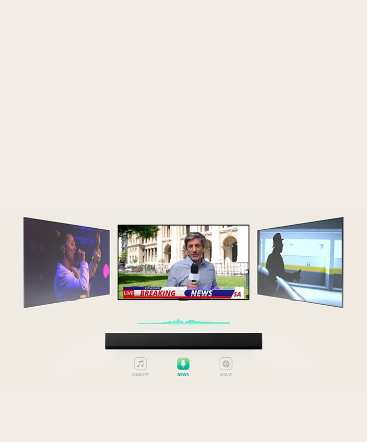 LG Soundbar is showing three different TV screens. The one directly above first plays a music concert with a woman singing. The TV screen showing a news broadcast moves to the middle and starts playing. Then, the TV screen showing an action scene with a woman running up the stairs moves to the middle and starts playing. In between the TV and soundbar, there is a soundwave changes color whenever the tv screen switches to one another, correlating to the genre. 