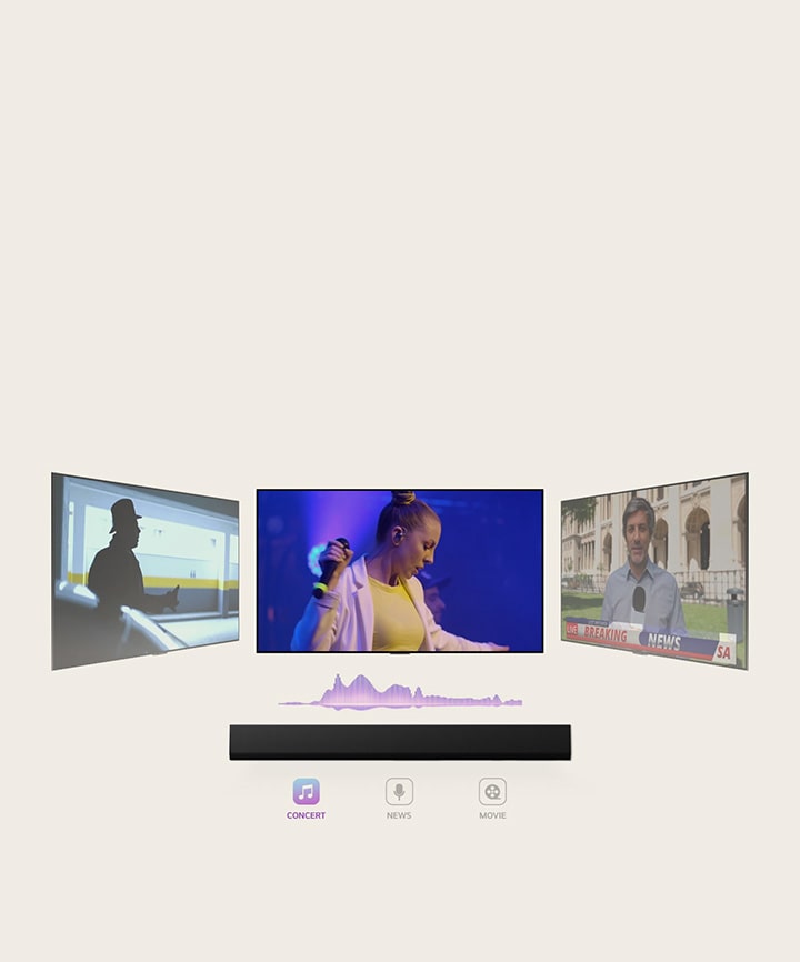 LG Soundbar is showing three different TV screens. The one directly above first plays a music concert with a woman singing. The TV screen showing a news broadcast moves to the middle and starts playing. Then, the TV screen showing an action scene with a woman running up the stairs moves to the middle and starts playing. In between the TV and soundbar, there is a soundwave changes color whenever the tv screen switches to one another, correlating to the genre. 