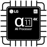 Werbebanner für die Funktionen des LG AI TV. Auf der linken Seite wird eine AI Magic Remote dargestellt. Auf der rechten Seite sind mehrere Bilder zu sehen: ein Wohnzimmer mit AI Customization, eine Frau, die einen Hund h?lt, um AI Picture zu symbolisieren, eine S?ngerin mit Kopfh?rern, die AI Sound veranschaulicht, und eine TV-Oberfl?che mit Streaming-Apps, die AI Experience darstellen. Der LG alpha 11 4K AI Prozessor wird mit Neoneffekten und Schaltkreisen in Szene gesetzt.