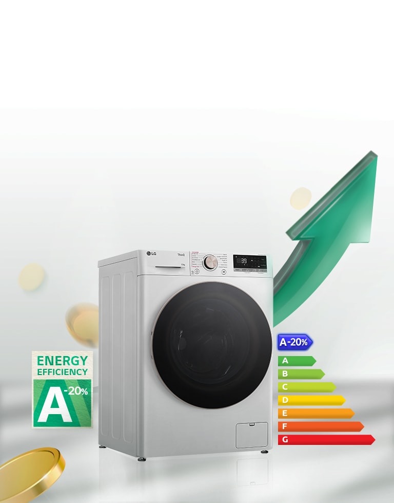 Lavatrice LG con display digitale, efficienza energetica A-20% e freccia verde verso l'alto.
