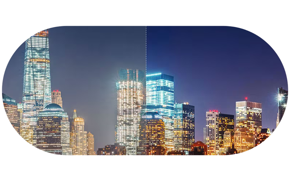 No?ní panorama města na televizoru LG s funkcí AI Picture Pro a AI Picture Wizard, upscaling obsahu pro jemněj?í detaily 