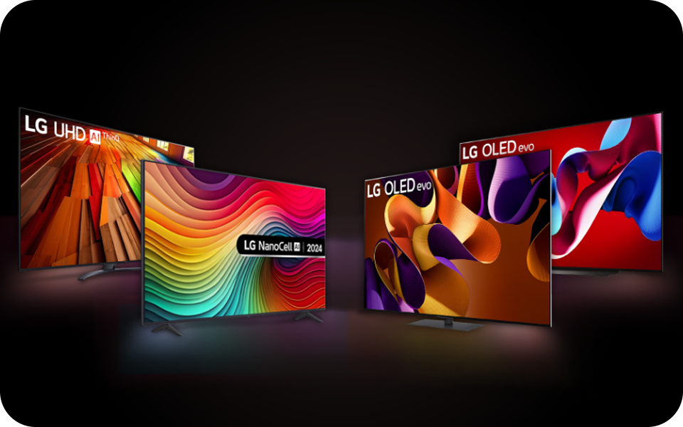 ?ty?i chytré televizory LG v r?zných barvách: modely OLED evo TV, OLED TV, LG UHD AI a LG NANOCELL AI TV zobrazené spole?ně.