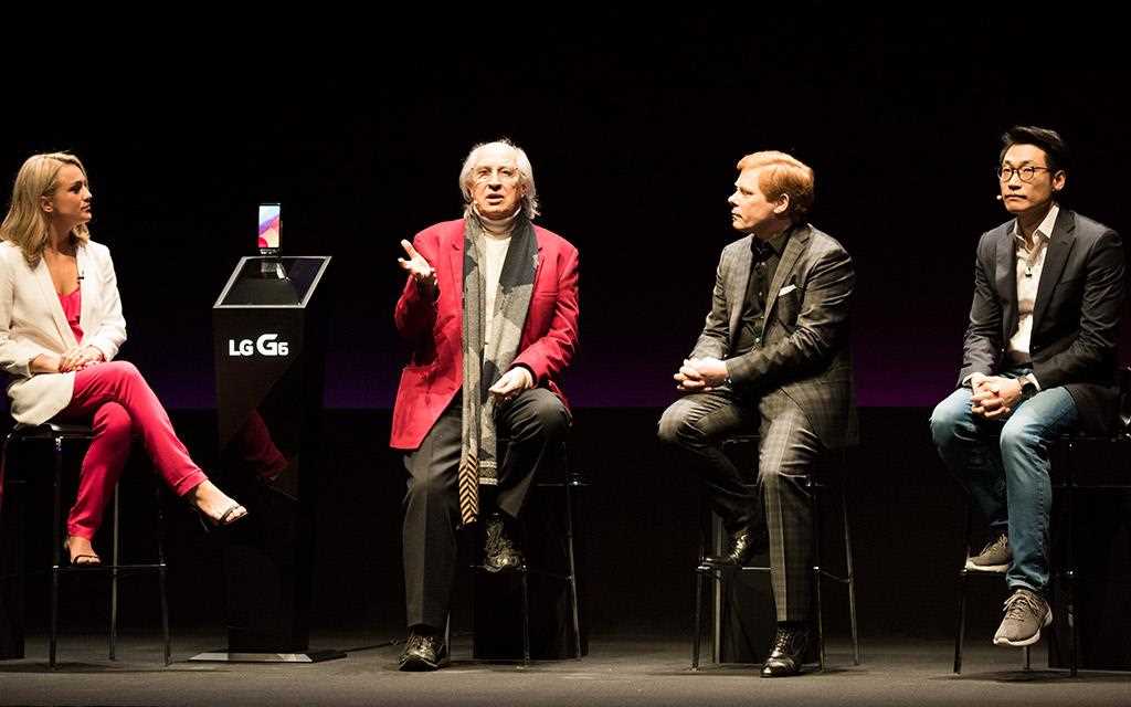 A photography taken at the mwc 2017 lg g6 unveiling with presenters including vittorio straro