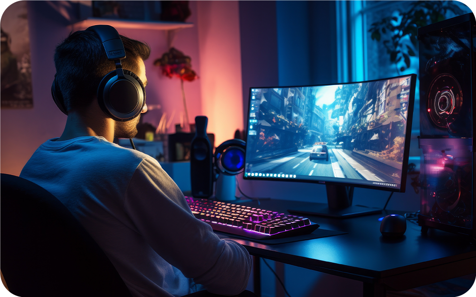 Mann mit Kopfhörern, der ein Videospiel auf seinem 4K-Curved-Monitor spielt und völlig in die digitale Welt versunken ist.