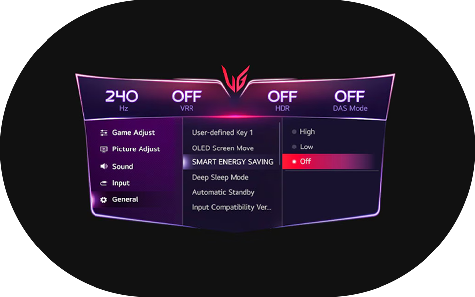 Anzeigeeinstellungen des LG-Monitors mit der Option ?Smart Energy Saving“ zur Helligkeitsanpassung.