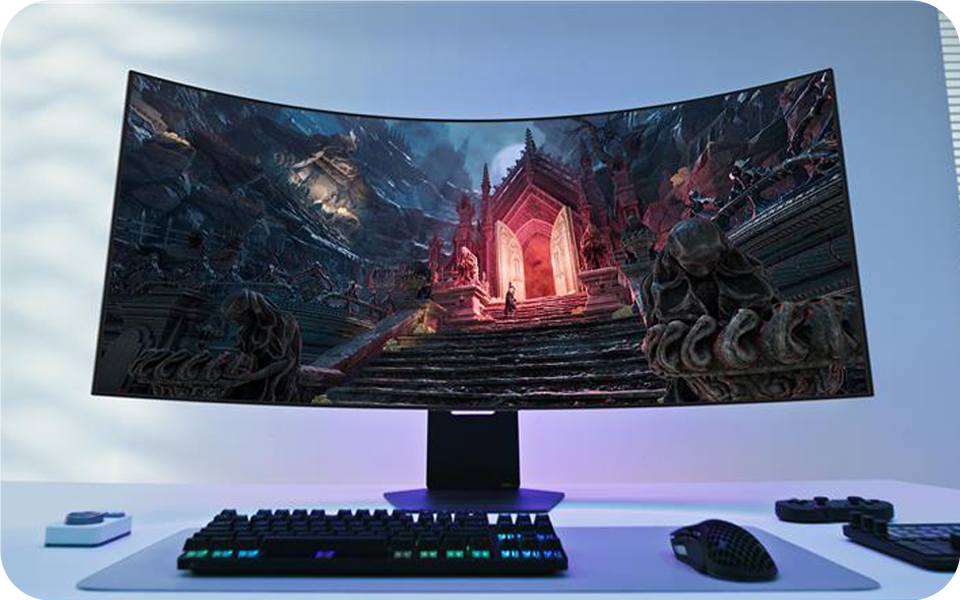 Futuristisches Gaming-Setup mit dem biegsamen Bildschirm der Ultragear GX9-Serie von LG.