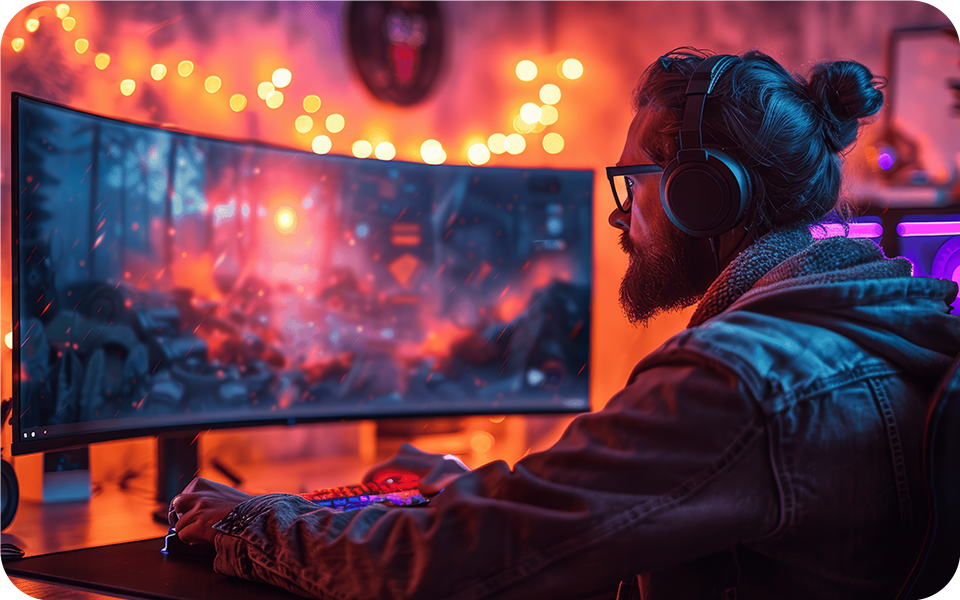 Ein bärtiger Mann mit Kopfhörern betreibt Videospiele und hebt dabei die detaillierten Bilder eines 4K-Gaming-Monitors hervor.