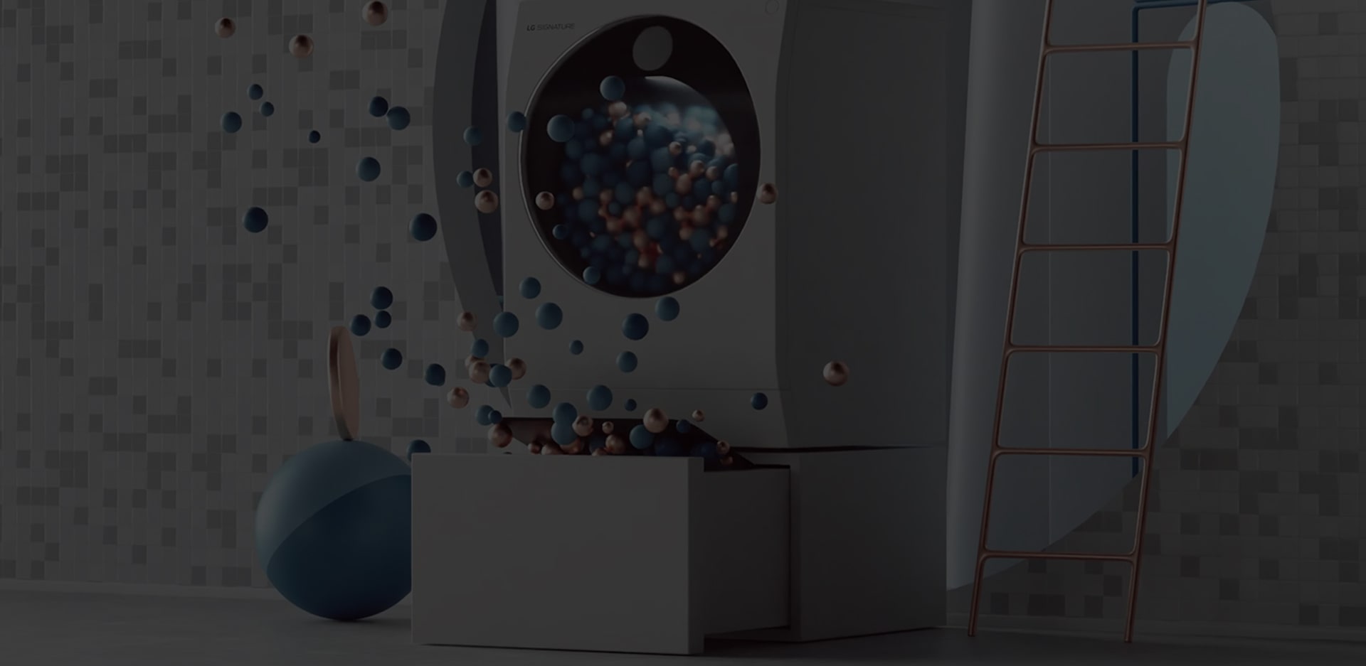LG SIGNATURE Waschmaschine auf dem Boden mit jeder Menge bunter B?lle und einer Leiter. 