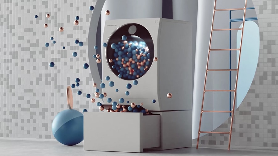 LG SIGNATURE Waschmaschine auf dem Boden mit jeder Menge bunter B?lle und einer Leiter.