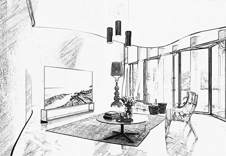 Skizze eines LG SIGNATURE OLED 8K, der in einem modernen Luxuswohnzimmer zusammen mit M?beln von Kartell platziert ist.