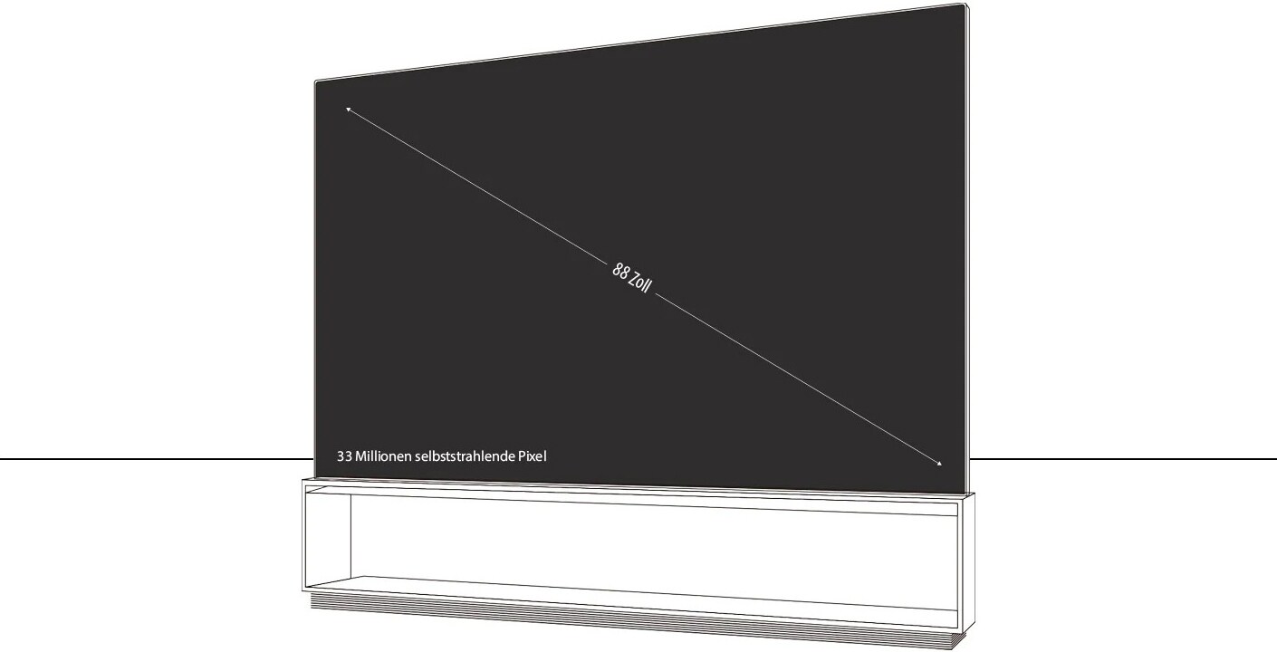 Ein Infografik-Bild von LG SIGNATURE 8K OLED TV Z9, das die Gr??e des gesamten Produktaufbaus zeigt