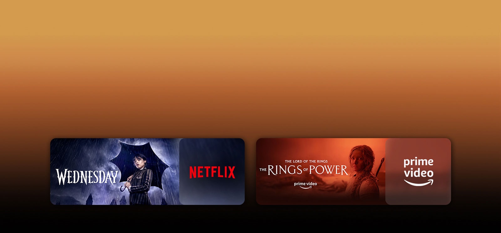 Les logos de plateformes de services de streaming et les séquences correspondantes se trouvent juste à c?té de chaque logo. On peut voir des images de Mercredi sur Netflix et du Seigneur des Anneaux : Les Anneaux de Pouvoir sur PRIME VIDEO.