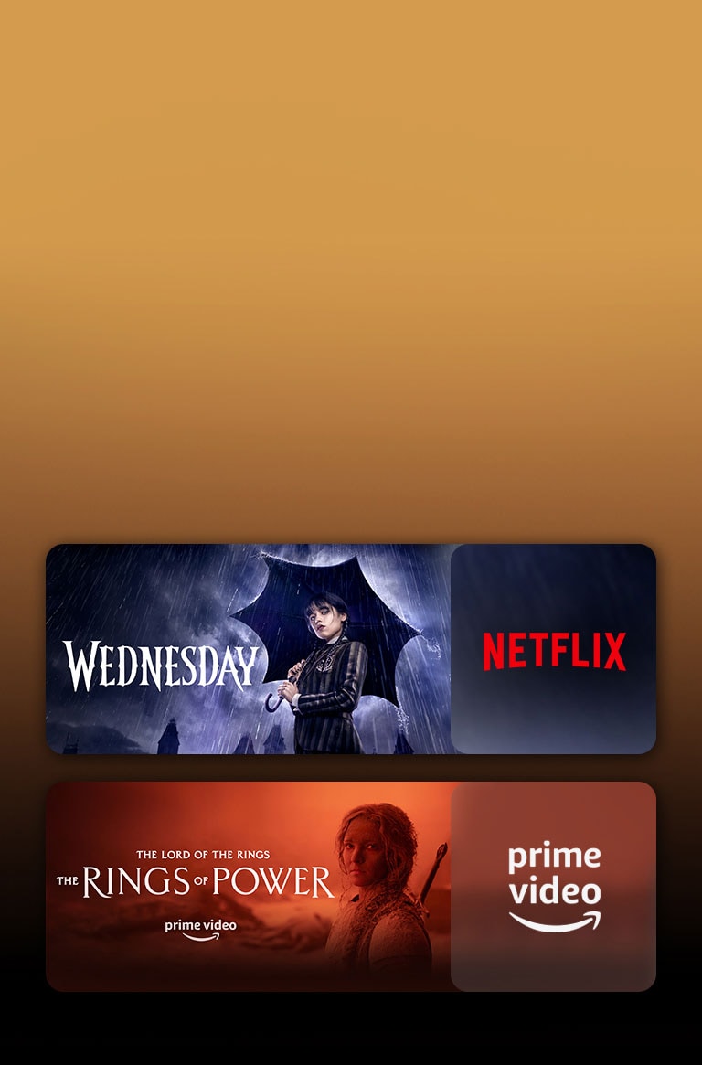 Les logos de plateformes de services de streaming et les séquences correspondantes se trouvent juste à c?té de chaque logo. On peut voir des images de Mercredi sur Netflix et du Seigneur des Anneaux : Les Anneaux de Pouvoir sur PRIME VIDEO.