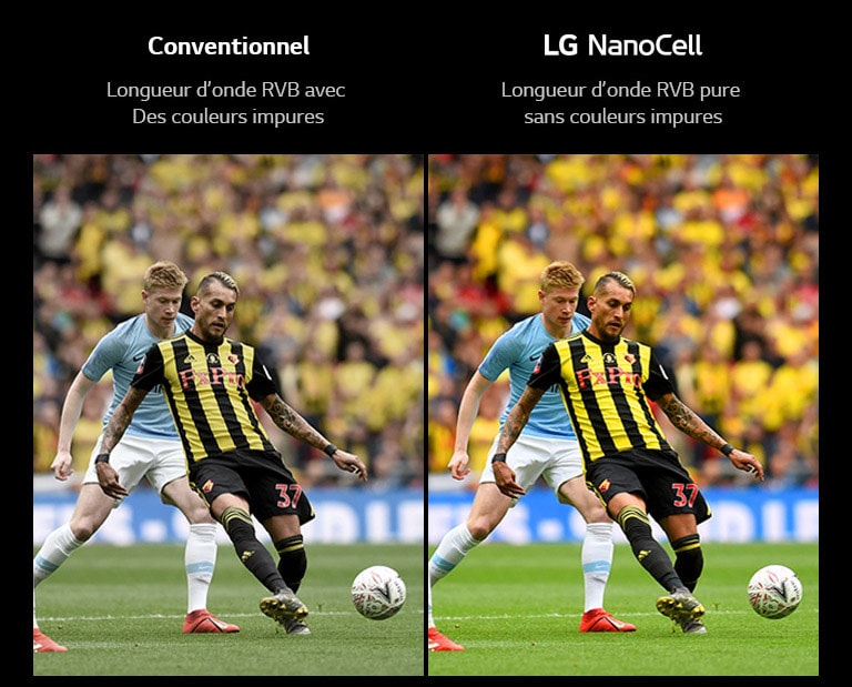 Un match de football appara?t sur un téléviseur conventionnel avec une mauvaise qualité d’image. La moitié de l’image montre cette scène sur un téléviseur LG NanoCell avec une qualité d’image élevée.